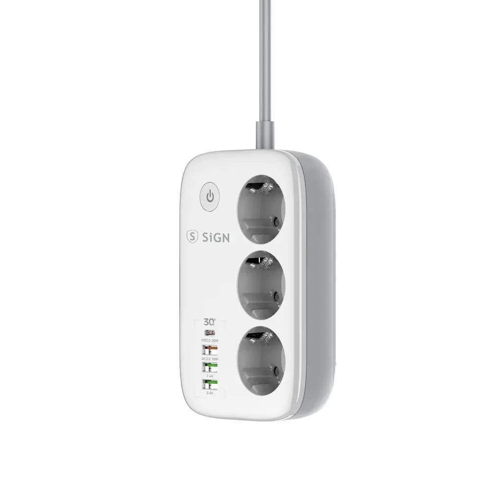 Smart WiFi 3-vägs Grenuttag med USB-C + 3 x USB-A 2m Vit