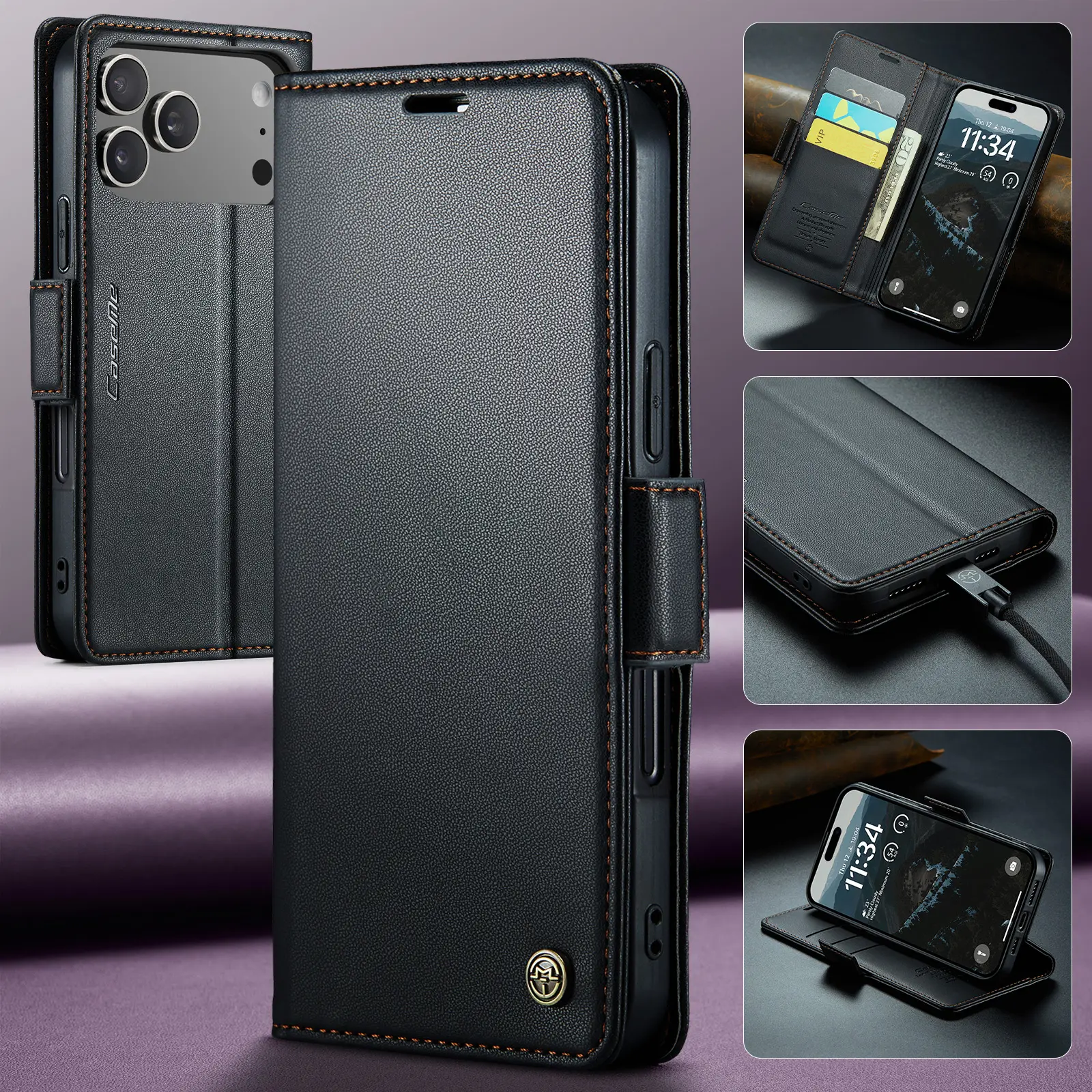 Slim Plånboksfodral RFID-skydd iPhone 17 Pro Svart