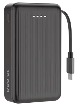 Powerbank med integreret USB-C-kabel 10000 mAh PD 20W Sort