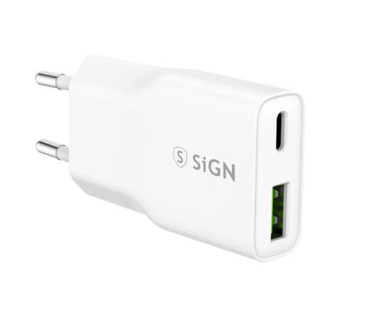 SiGN GaN Ultra Slim PD Hurtiglader USB-C + USB-A 20W Hvit