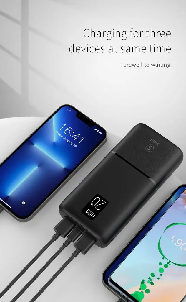 QC Powerbank 20000 mAh 2.1A - Trippel utgång Svart