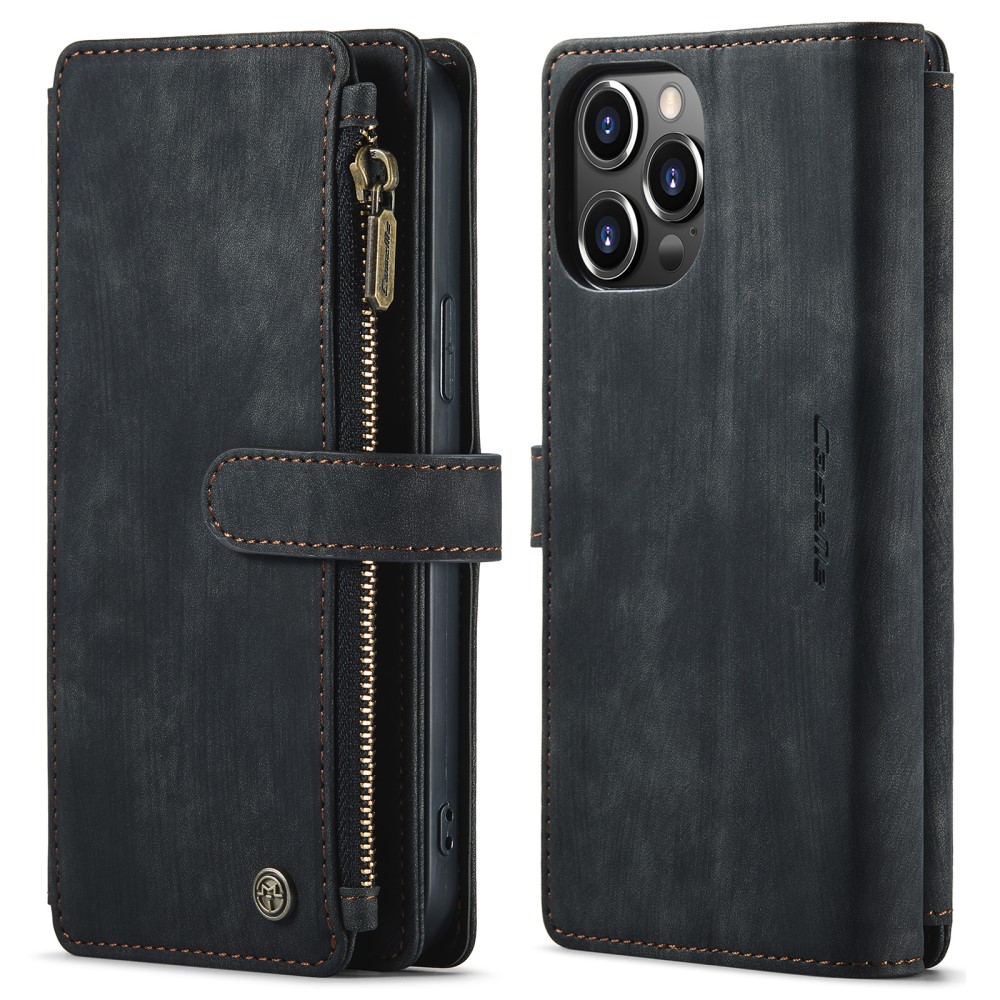 CaseMe Zipper Wallet iPhone 13 Pro Max Svart - Mobildeksel med innebygd lommebok, myntlomme og seddellomme