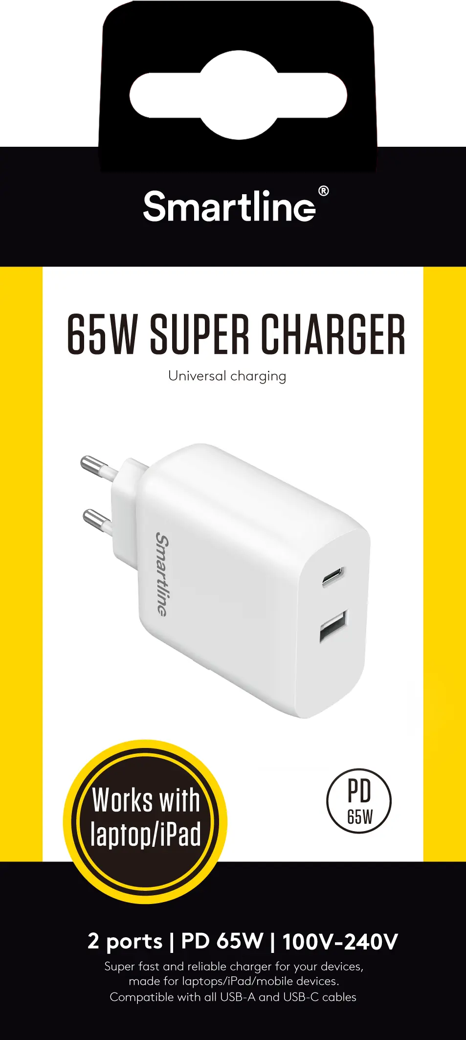 Power Delivery Laddare GaN 65W Dual USB-C+A Vit