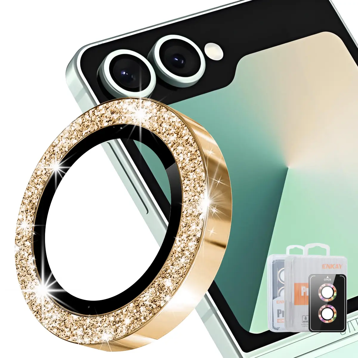Glitter Linsskydd Aluminium + Glas Samsung Galaxy Z Flip 8 Guld