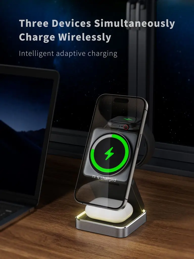 3-in-1 Vikbar Trådlös Magnetisk Laddningsstation 15W Svart