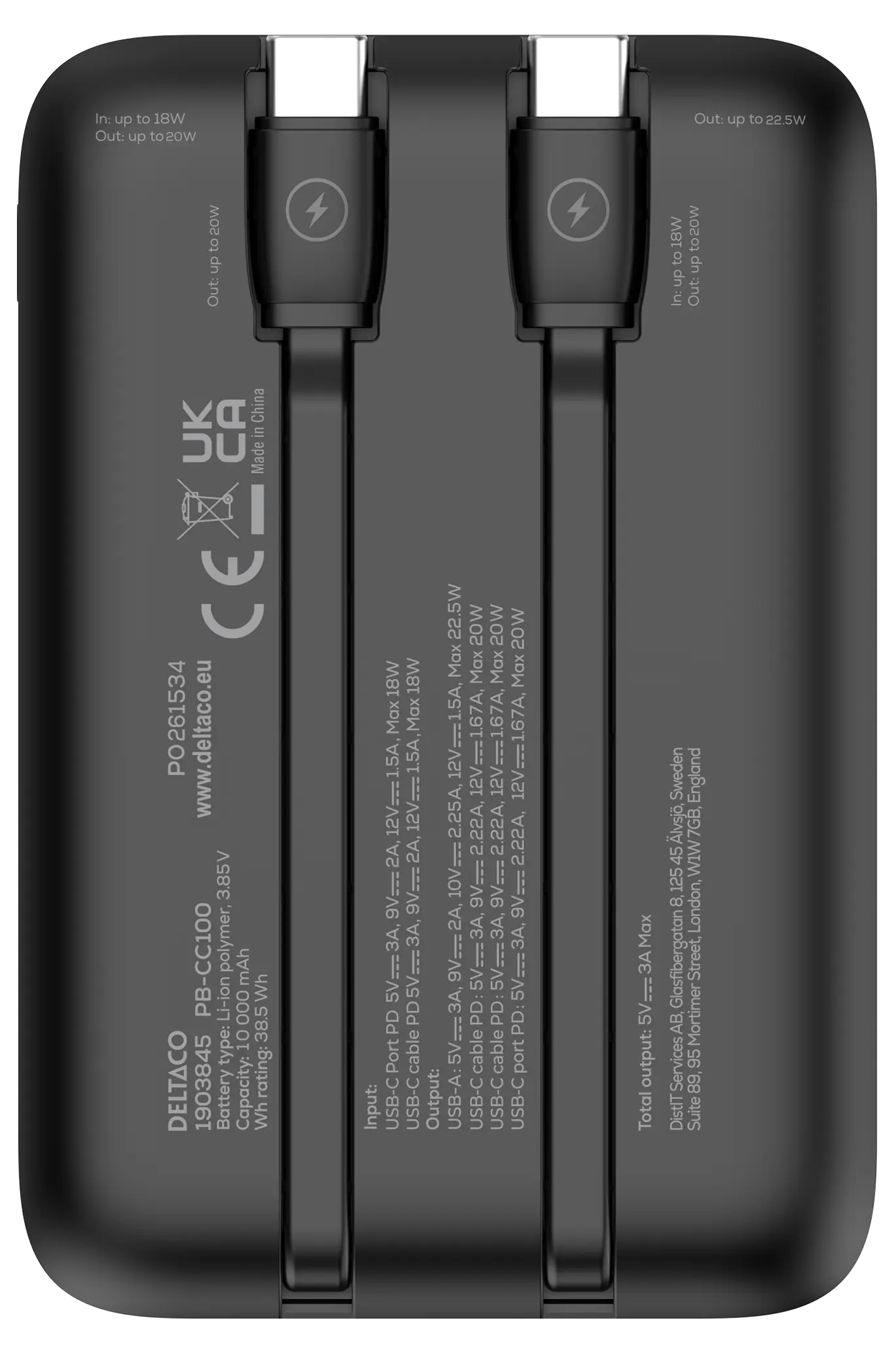 Powerbank med inbyggda kablar 2x USB-C 10000 mAh PD 20W Svart