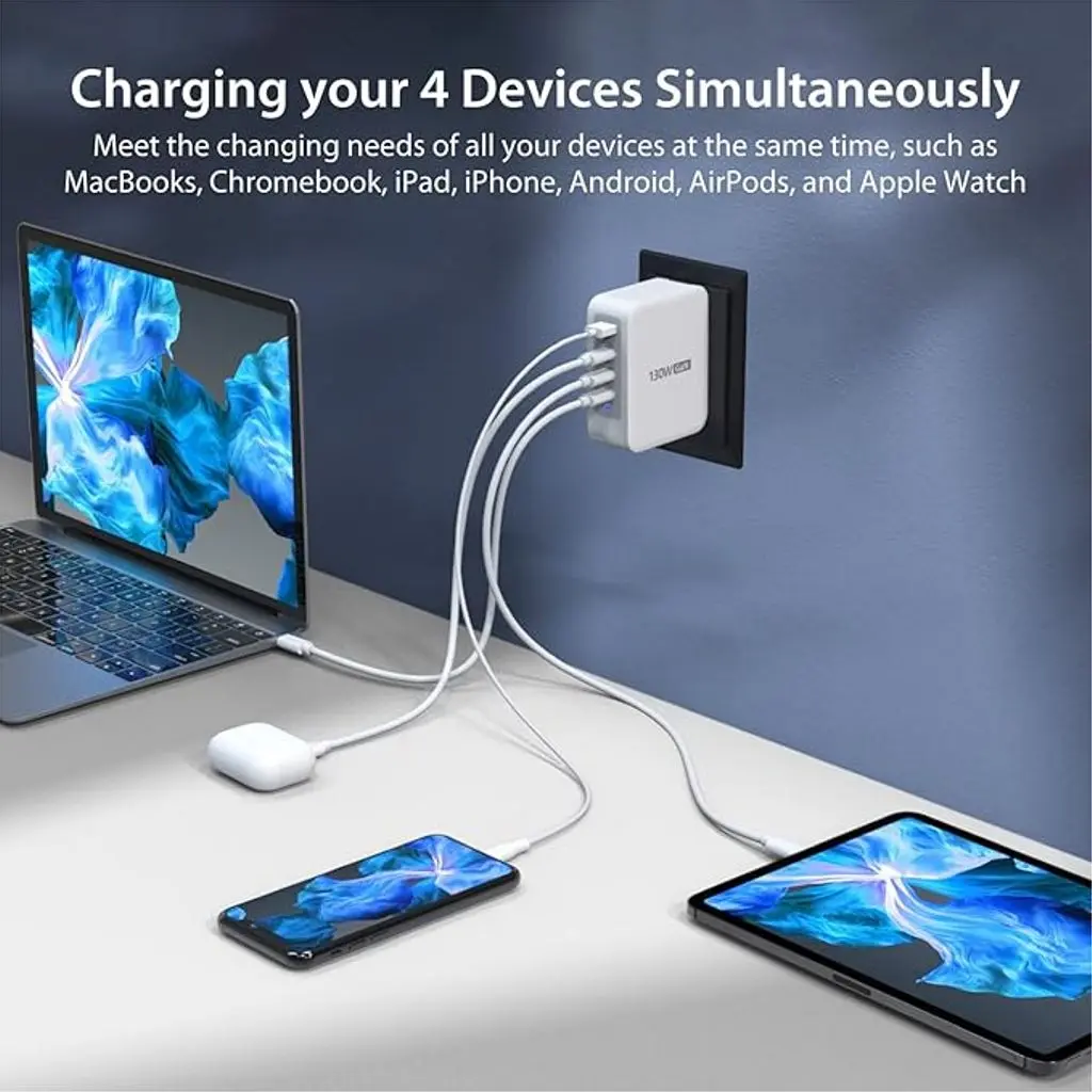 GaN Snabbladdare 3x USB-C + 1x USB-A 100W Vit