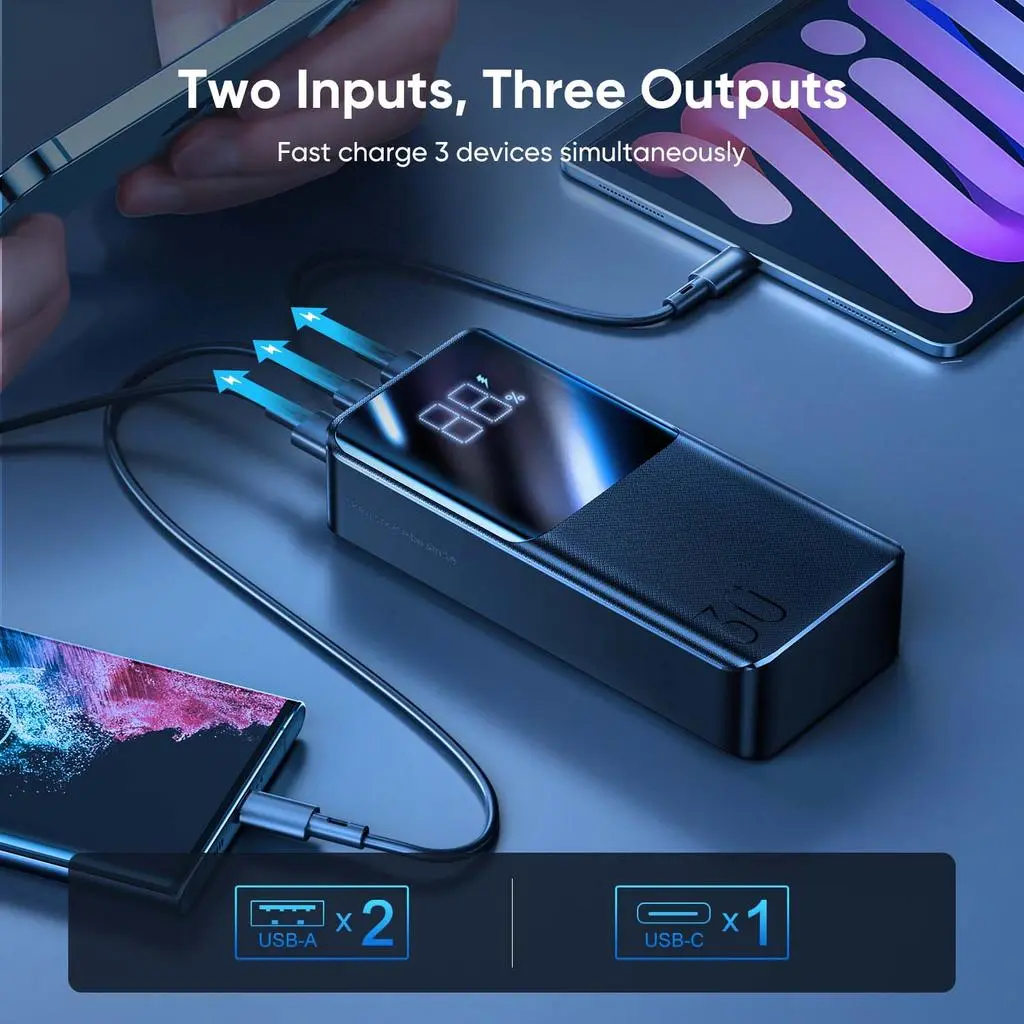 Supersnabb LED Powerbank 30000 mAh 22.5W - Trippel utgång Svart