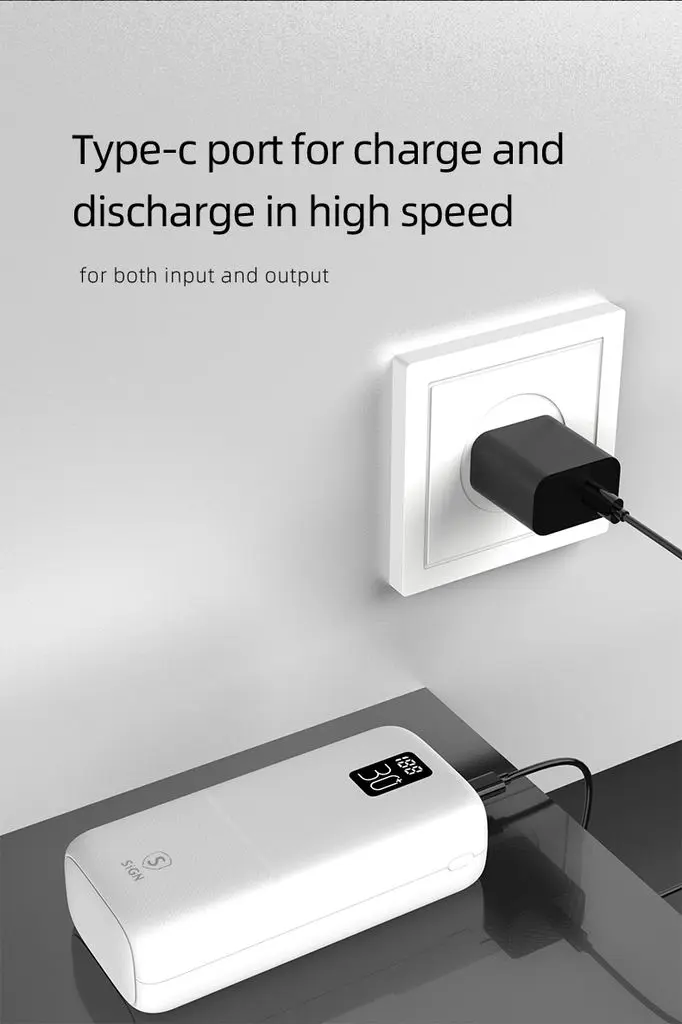 Powerbank 30000 mAh Trippel Utgång 2x USB-A + 1x USB-C Vit