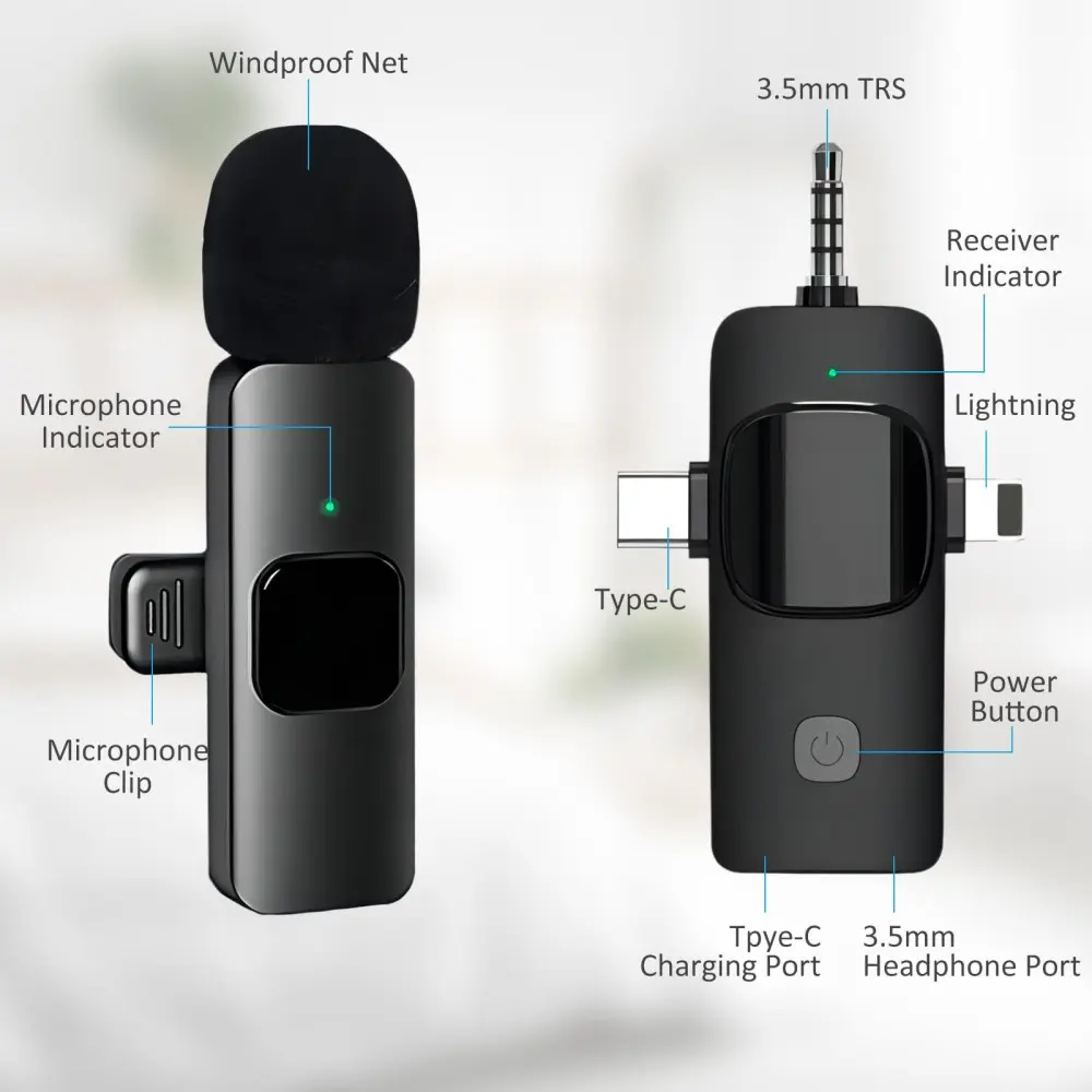 2 Trådlösa mikrofoner med USB-C / Lightning -mottagare svart