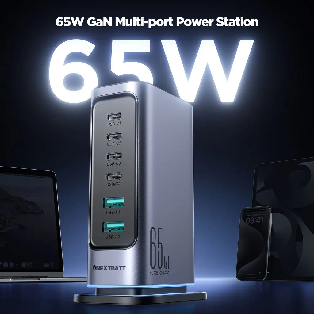 6-in-1 65W GaN Multi USB-laddare 4 USB-C + 2 USB-A Grå