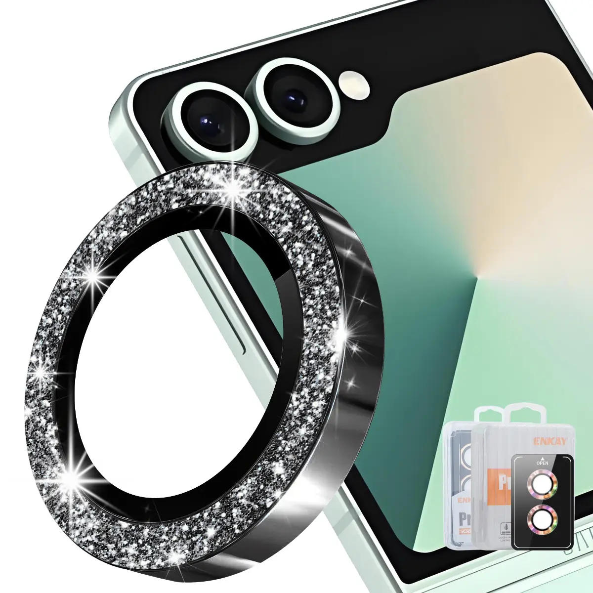 Glitter Linsskydd Aluminium + Glas Samsung Galaxy Z Flip 8 Svart