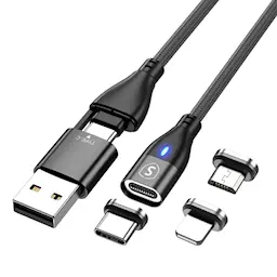 3-in-1 magnetisk ladekabel USB-C + Micro-USB + Lightning 1m, Sort