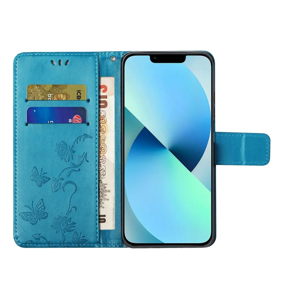 Läderfodral Fjärilar iPhone 14 Blå