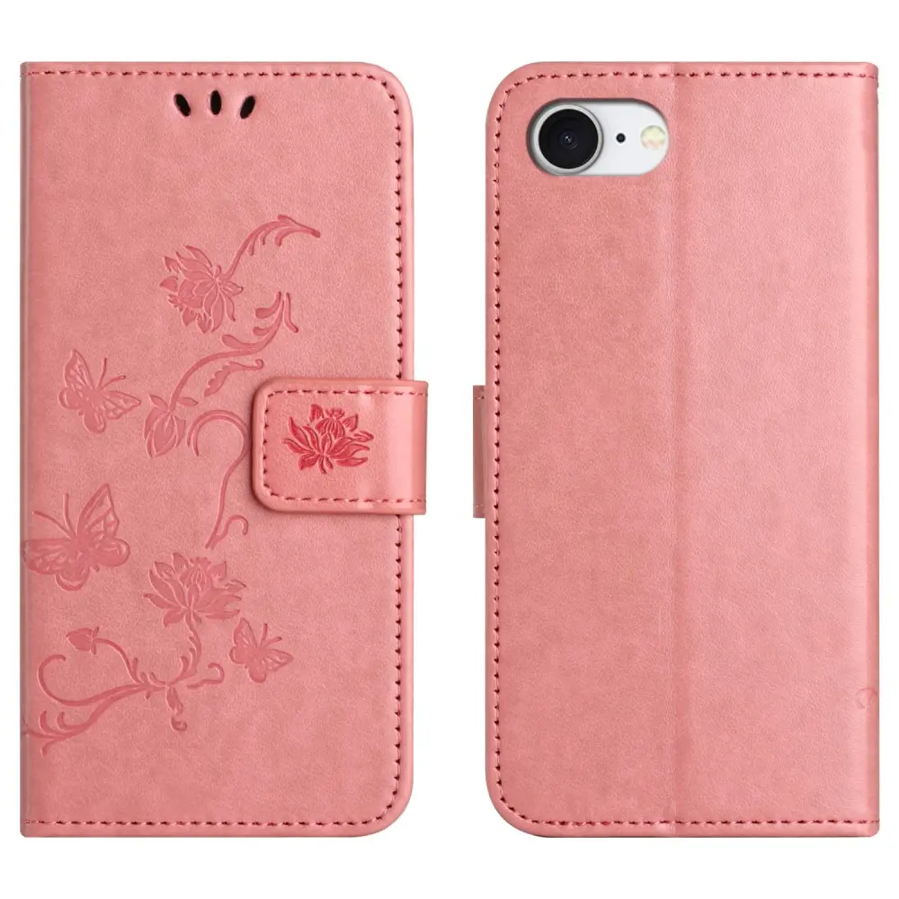 Läderfodral Fjärilar iPhone 16e Rosa