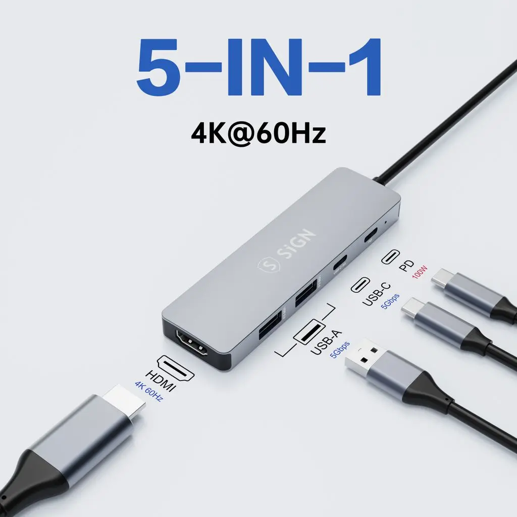 5-i-1 Hubb USB-C till 2x USB-A + HDMI + USB-C + PD Grå