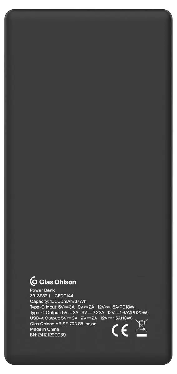 Powerbank USB-A + USB-C med Display 10000 mAh PD 20W Svart