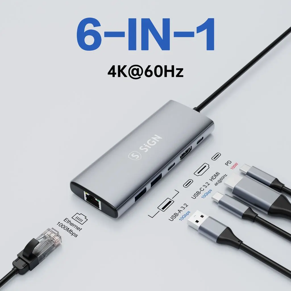 6-i-1 Hubb USB-C till 2x USB-A + Ethernet + HDMI + USB-C + PD Grå