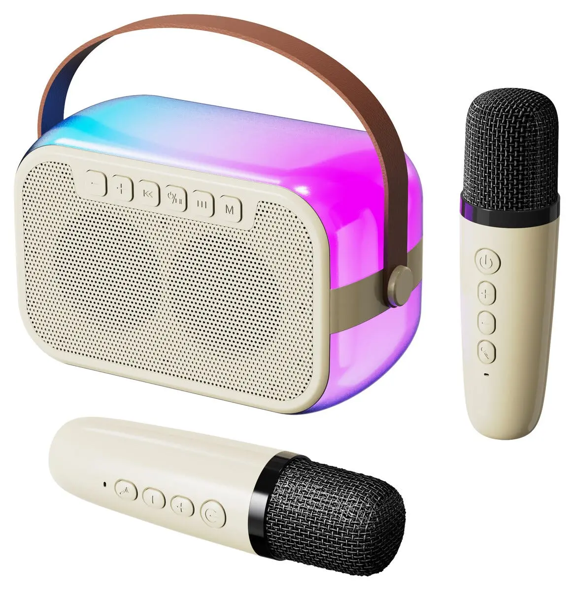 Karaoke højttaler med 2 trådløse mikrofoner Beige