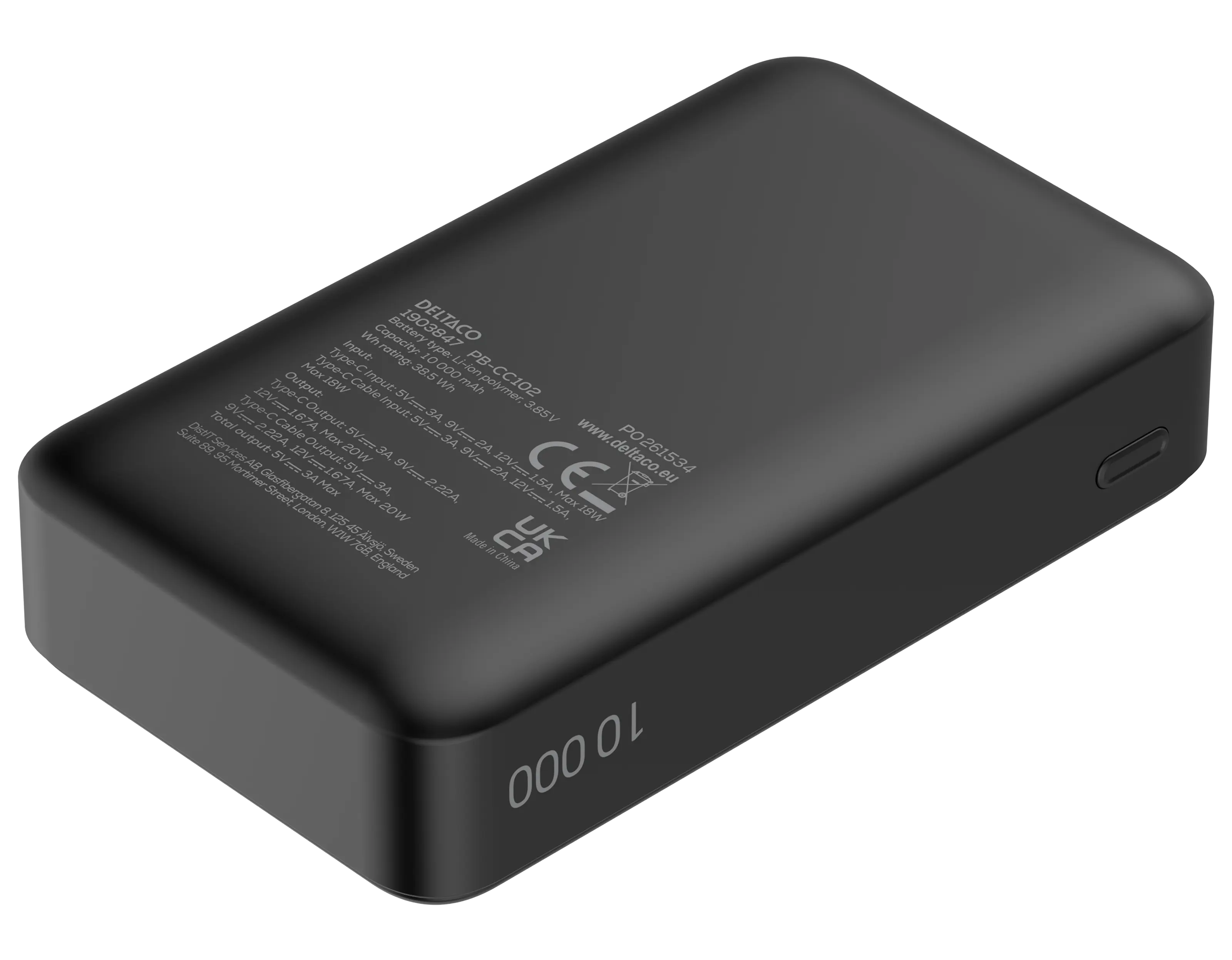 Powerbank med integrerad USB-C-kabel 10000 mAh PD 20W Svart