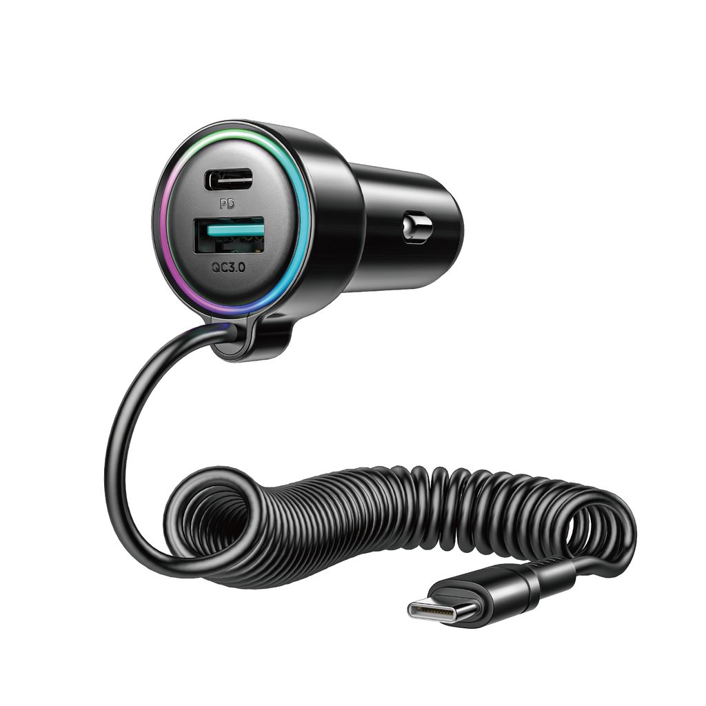 SiGN Billader USB-C + USB-A med innebygd USB-C kabel 90W Svart