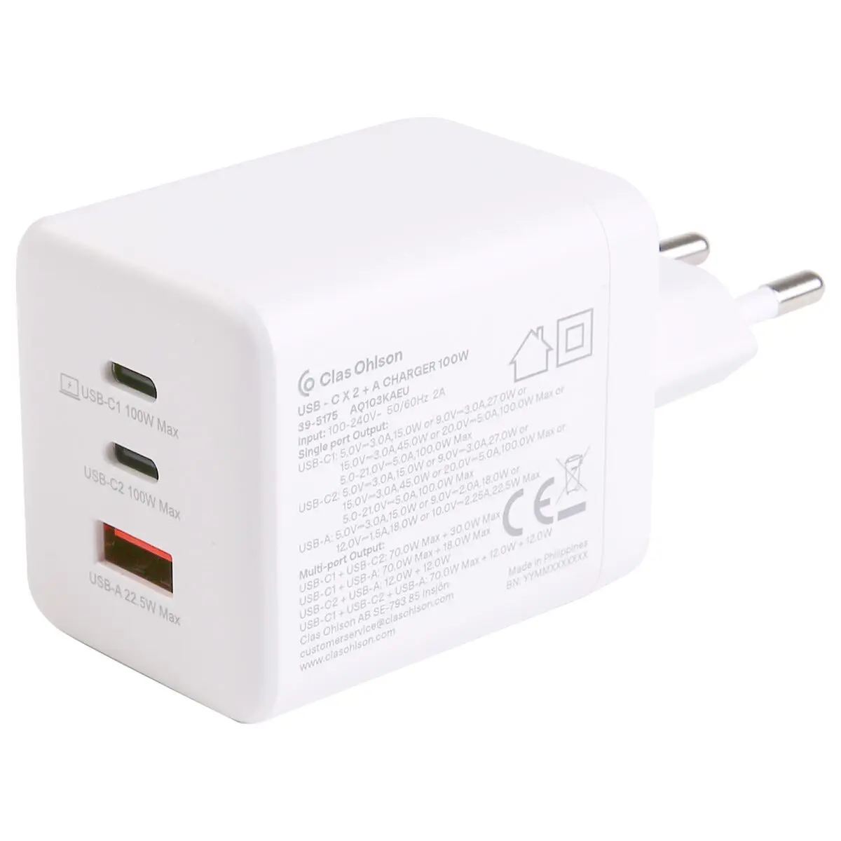Väggladdare USB-A + 2 x USB-C GaN 100W Vit