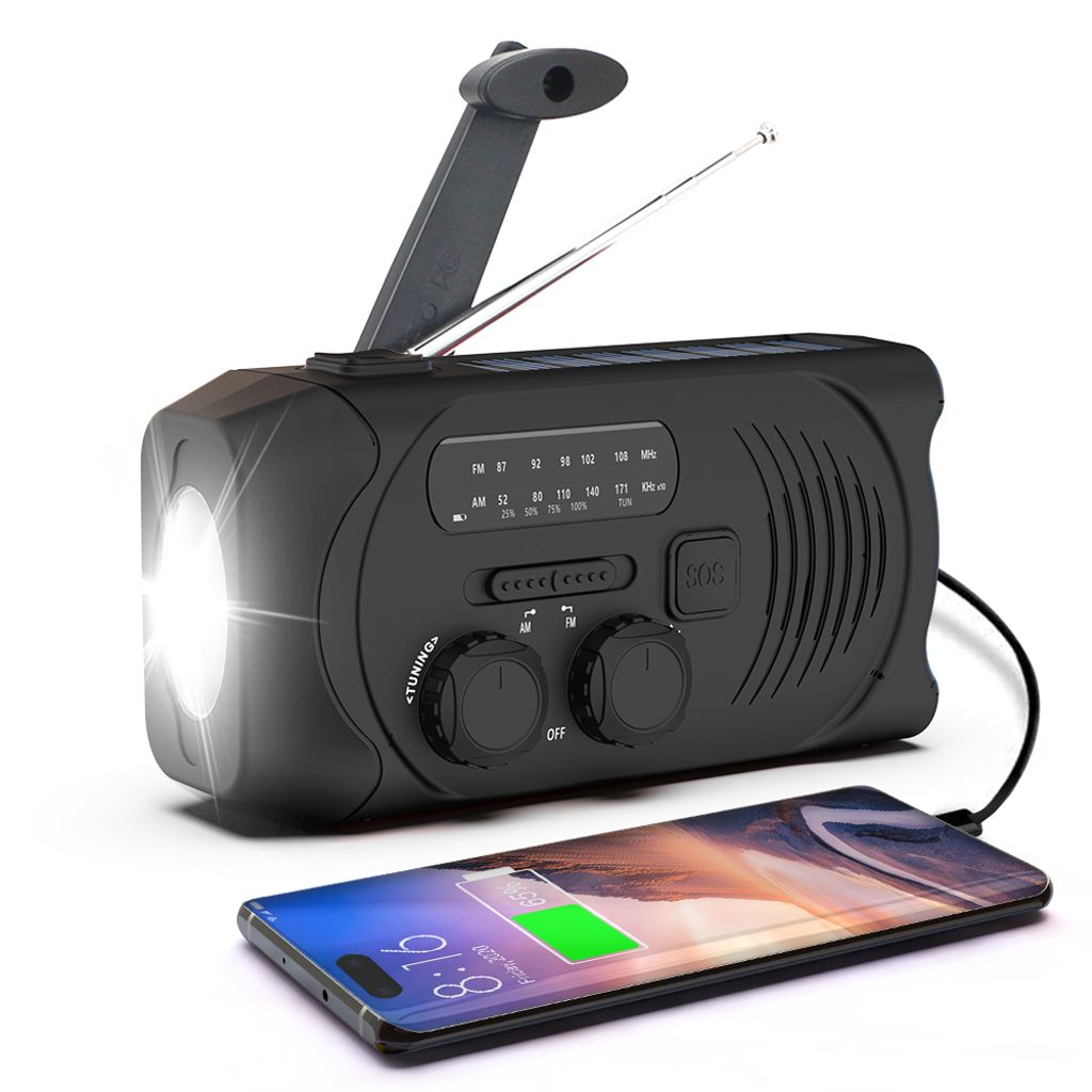 SiGN Sveiveradio med Solceller, Lommelykt og 2000mAh Powerbank, Svart
