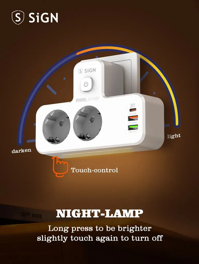 2-vägs Grenuttag med LED-nattlampa + 1x USB-C + 2x USB-A  Vit