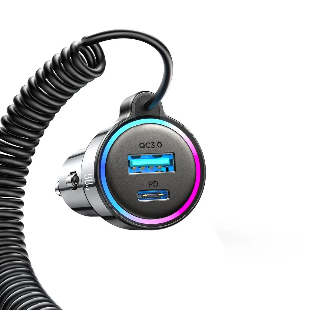 Billaddare USB-C + USB-A med inbyggd USB-C kabel 90W Svart