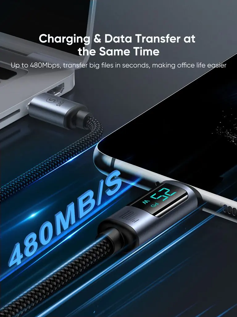 USB-C till USB-C Kabel 100W med Display 1.2m Svart